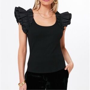 Tuckernuck Pomander Place Ruffle Rita Top Black Flutter Sleeve Scoop Neck Size L